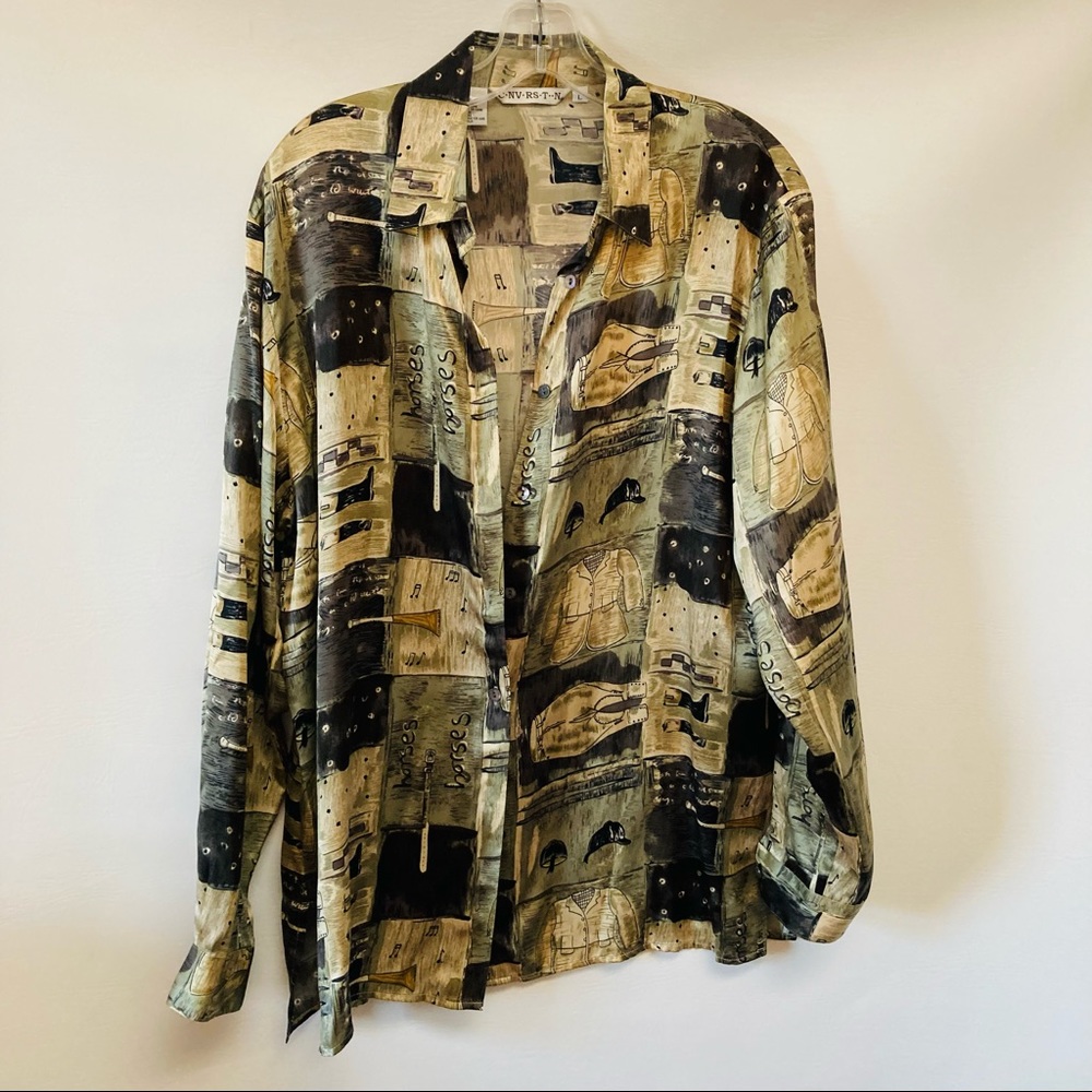 VTG Horse Racing 100% Silk Shirt Sz L